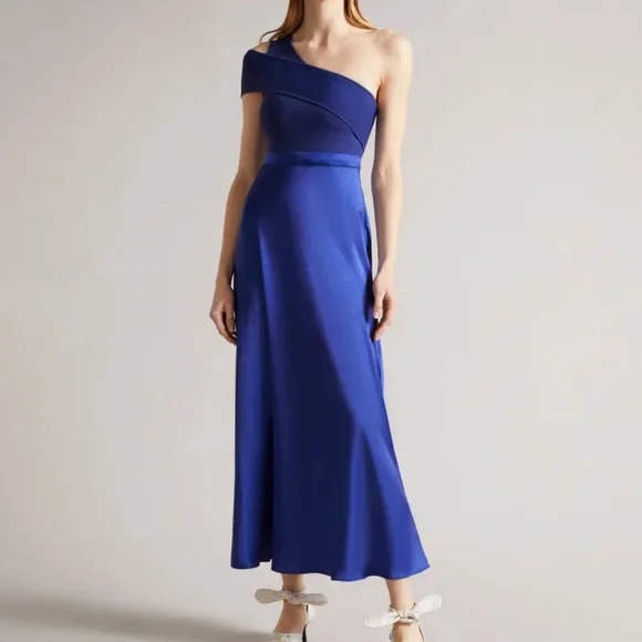Ted Baker London | Dresses | Ted Baker Dress Dark Blue Ivena Asymmetric  Knit Bodice W Satin Skirt Sz 2 Nwt | Poshmark